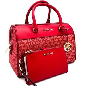 Michael Kors Medium Duffle Satchel Crossbody Bag & Large Double Zip Wallet Red